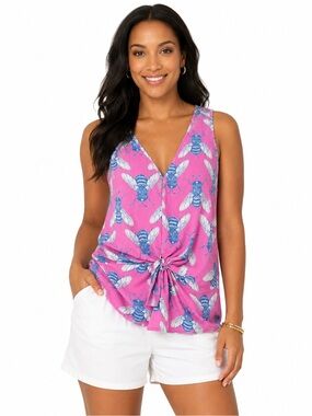 Anthropologie/Leifnotes 100% Silk Pink Tank with Blue Bee Print